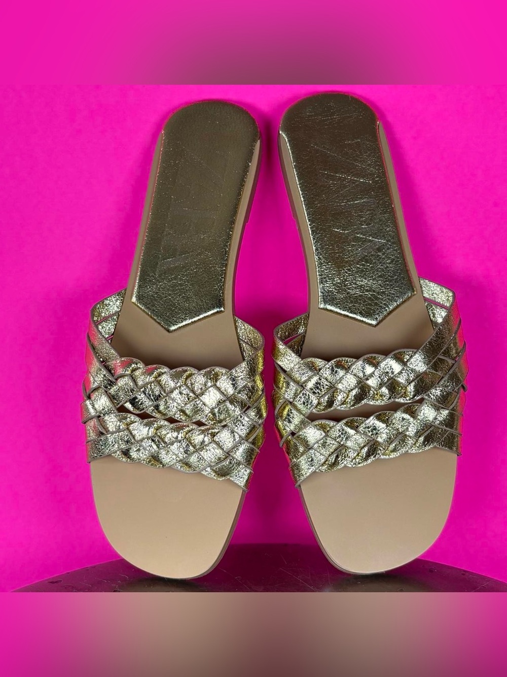Zara Gold Braided Straps Square Toe Flat Slide Sandal EU 37 - Picture 6 of 8